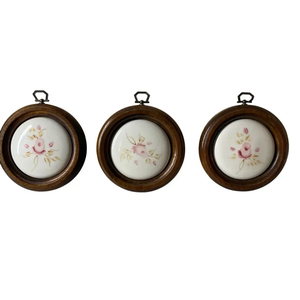 3 Piece Vintage Wood Framed Porcelain Hand Painted Pink Roses Lasting Products